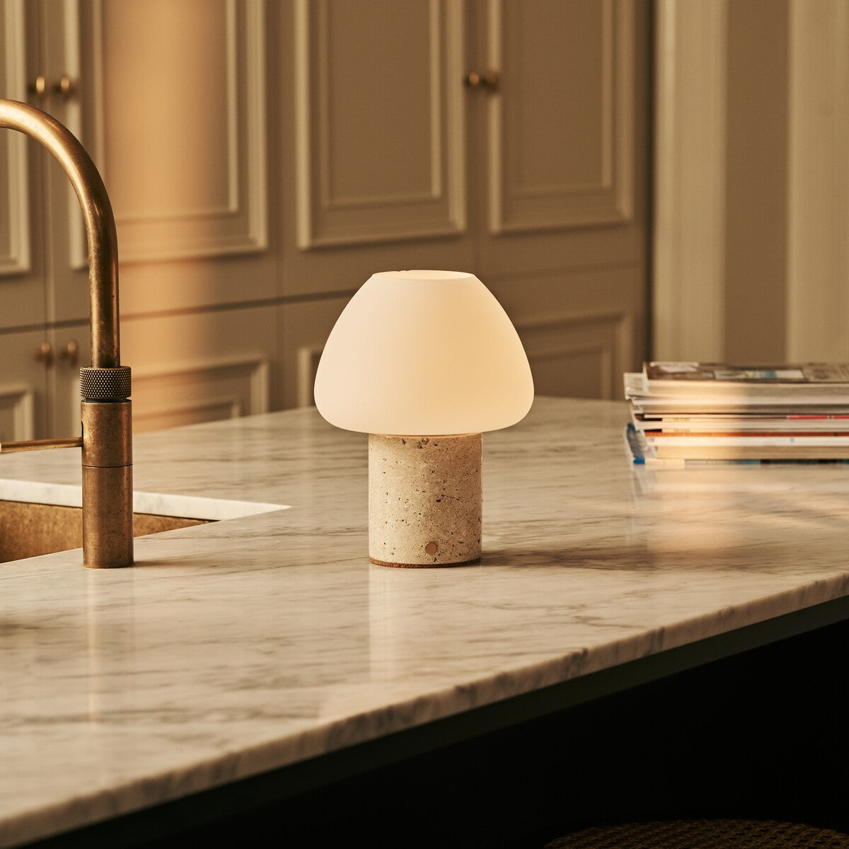 Ostade Beige Travertino Classico Travertine Rechargeable Table Lamp | Unique, Dimmable & 3 Light Colors