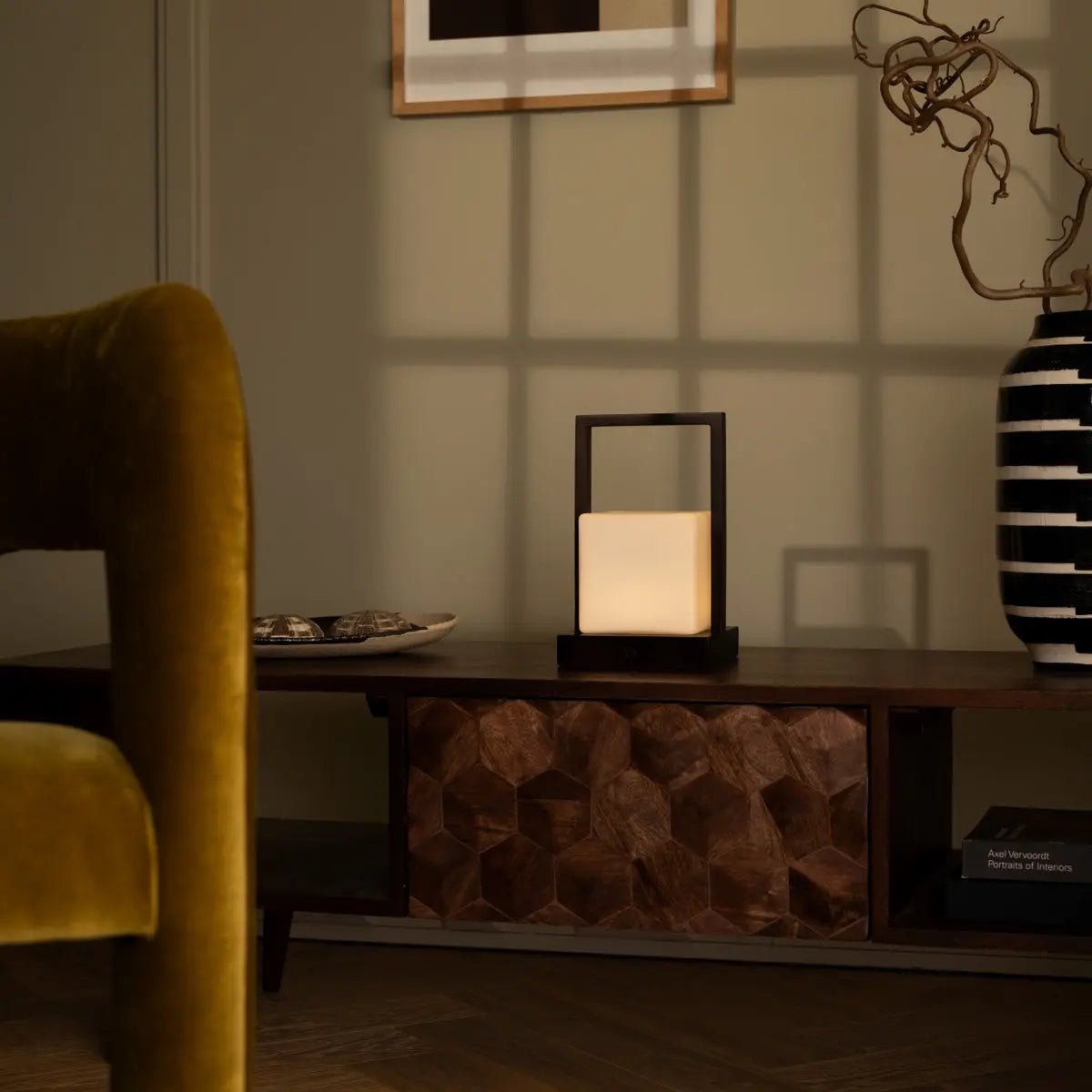 Noah Dark Brown Wooden Rechargeable Table Lamp With Glass and Wooden Handle Tavellio