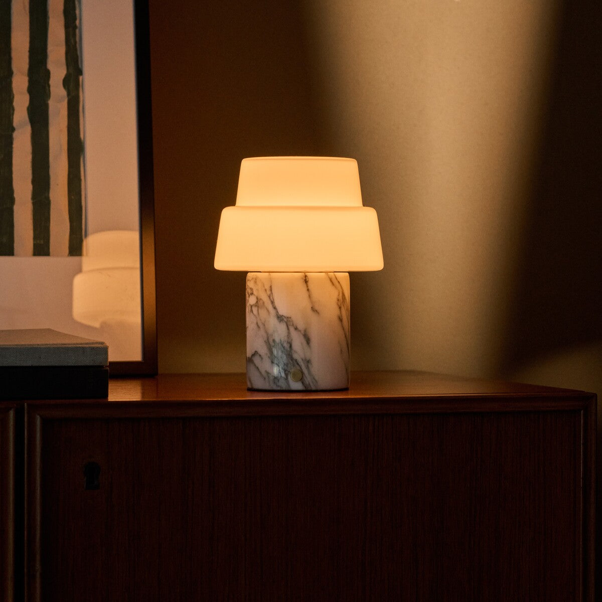 Pissarro cordless table lamp with opal glass dome shade and dark stone base, studio shot