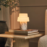 Pissarro rechargeable table lamp with round opal glass globe shade and green marble base