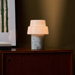 Cordless table lamp Pissarro Medium Blue Calcite marble cylinder tiered opal glass shade