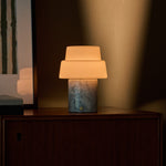 Rechargeable table lamp Pissarro Medium Blue Calcite marble base tiered glass shade