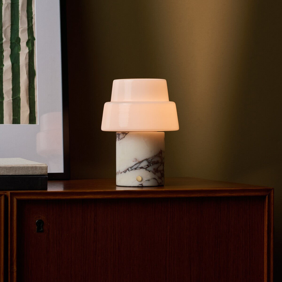 Pissarro rechargeable table lamp with two-tier opal shade and red marble base in living room