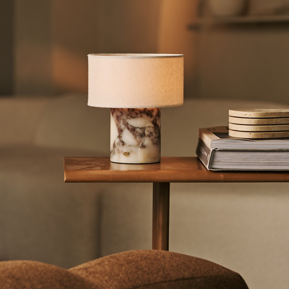 Redon White, Calacatta Viola Marble Rechargeable Table Lamp | Up to 100 Hours, Dimmable & Cordless