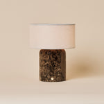 Redon cordless table lamp with dark Emperador marble base and beige linen drum shade