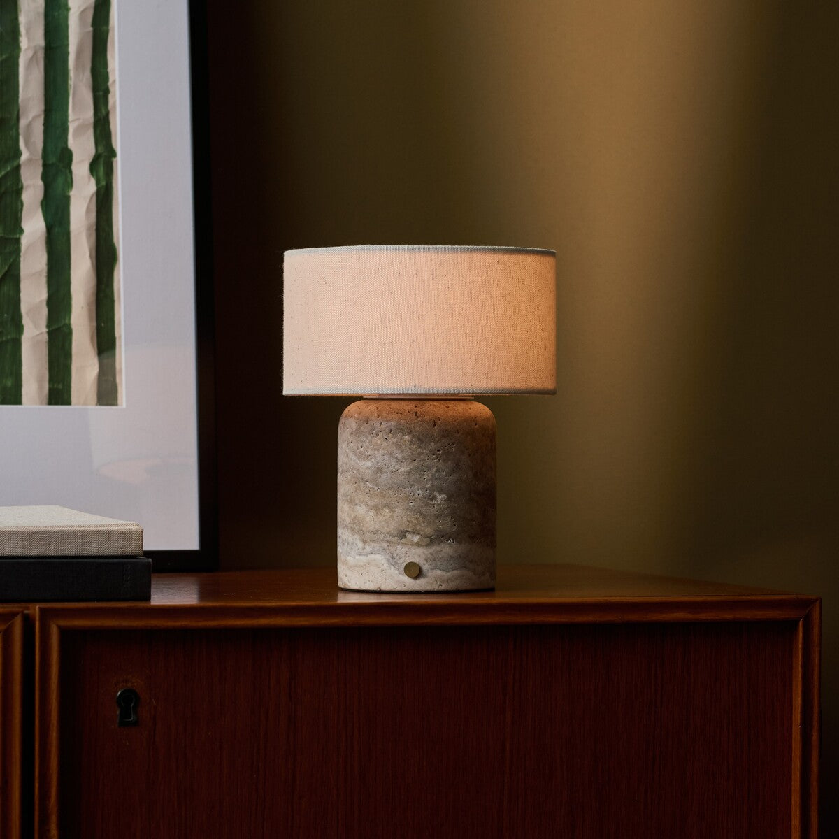 Redon rechargeable table lamp with silver-grey travertine base and beige linen shade