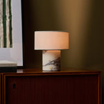 Redon cordless table lamp featuring Calacatta Vionaro white marble base with dark veining and linen shade