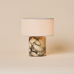 Rechargeable table lamp Redon in yellow Calacatta Vionaro marble with a linen drum shade