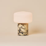 Rechargeable table lamp with Calacatta Vionaro yellow marble base and ribbed opal glass shade
