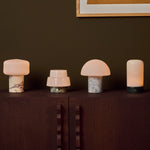 Tavellio marble table lamp collection including Blue Calcite, green, and Arabescato bases on a dark cabinet