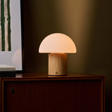 Cordless table lamp Ronald with light brown wood base and frosted glass dome shade glowing on a wooden cabinet corner beside a stack of books and framed artwork
