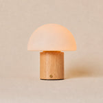 Cordless table lamp Ronald with light brown wood base and frosted glass dome shade on a neutral background