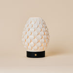 Rechargeable table lamp Serena Black wooden base, ribbed porcelain shade on beige studio background
