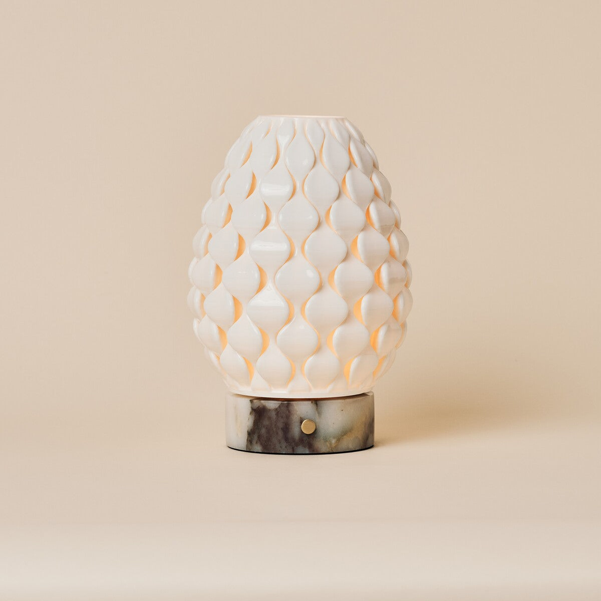 Serena cordless table lamp with white porcelain scalloped shade and Calacatta Viola marble base