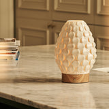 Serena Light Brown Wooden Rechargeable Table Lamp | Cordless, 3D-Printed Porcelain & 3 Light Modes