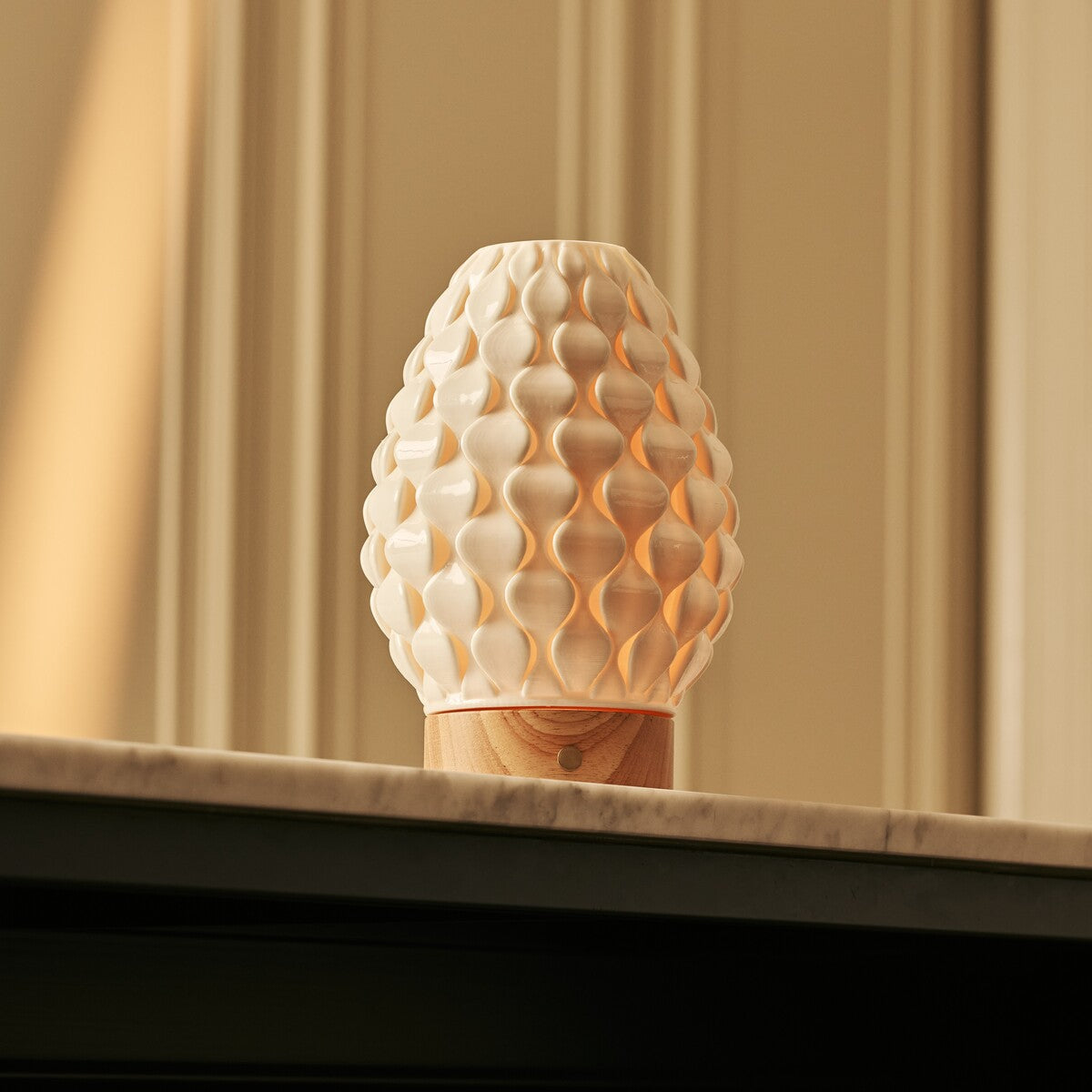 Serena Light Brown Wooden Rechargeable Table Lamp | Cordless, 3D-Printed Porcelain & 3 Light Modes