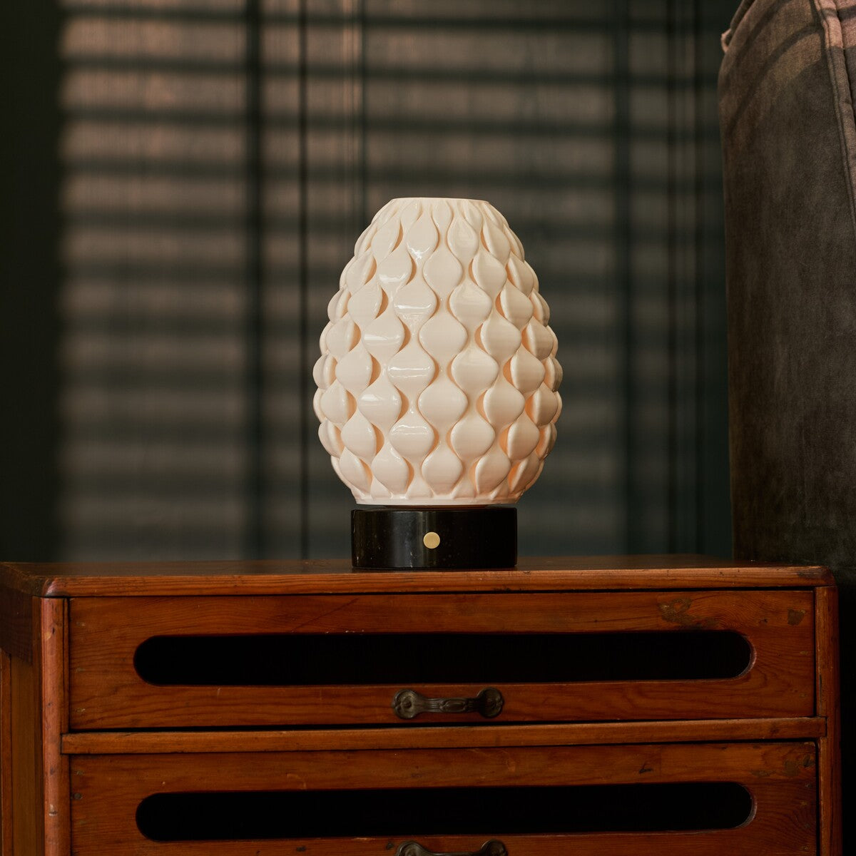 Serena cordless table lamp with white porcelain shade and Nero Marquina black marble base