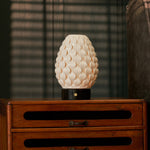 Serena cordless table lamp with white porcelain shade and Nero Marquina black marble base