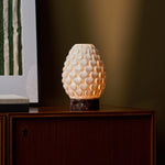 Close-up of the Serena Rosso Levanto rechargeable table lamp's red marble base held on someone's lap