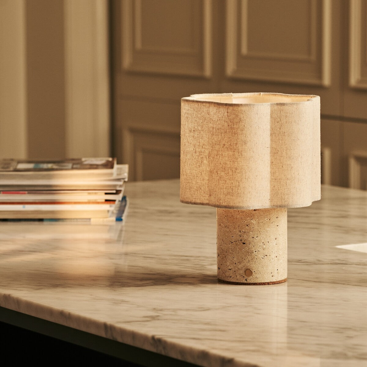 Sisley Beige – Travertino Classico Travertine Rechargeable Table Lamp | Cordless, Up to 100 Hours & Linen Blend