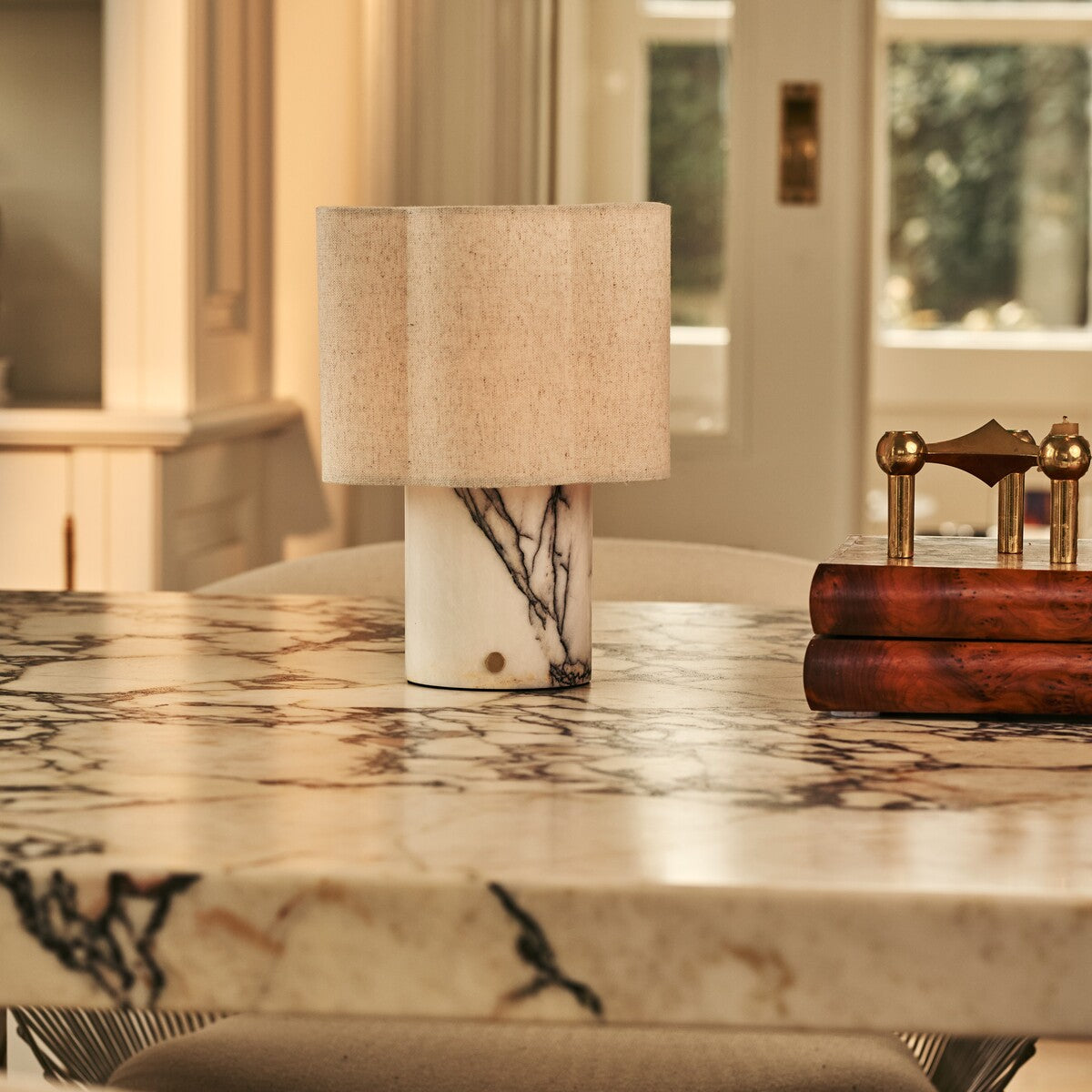 Sisley White – Lilac Marble Rechargeable Table Lamp | Cordless, Up to 100 Hours & Linen Blend