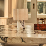 Sisley White – Lilac Marble Rechargeable Table Lamp | Cordless, Up to 100 Hours & Linen Blend