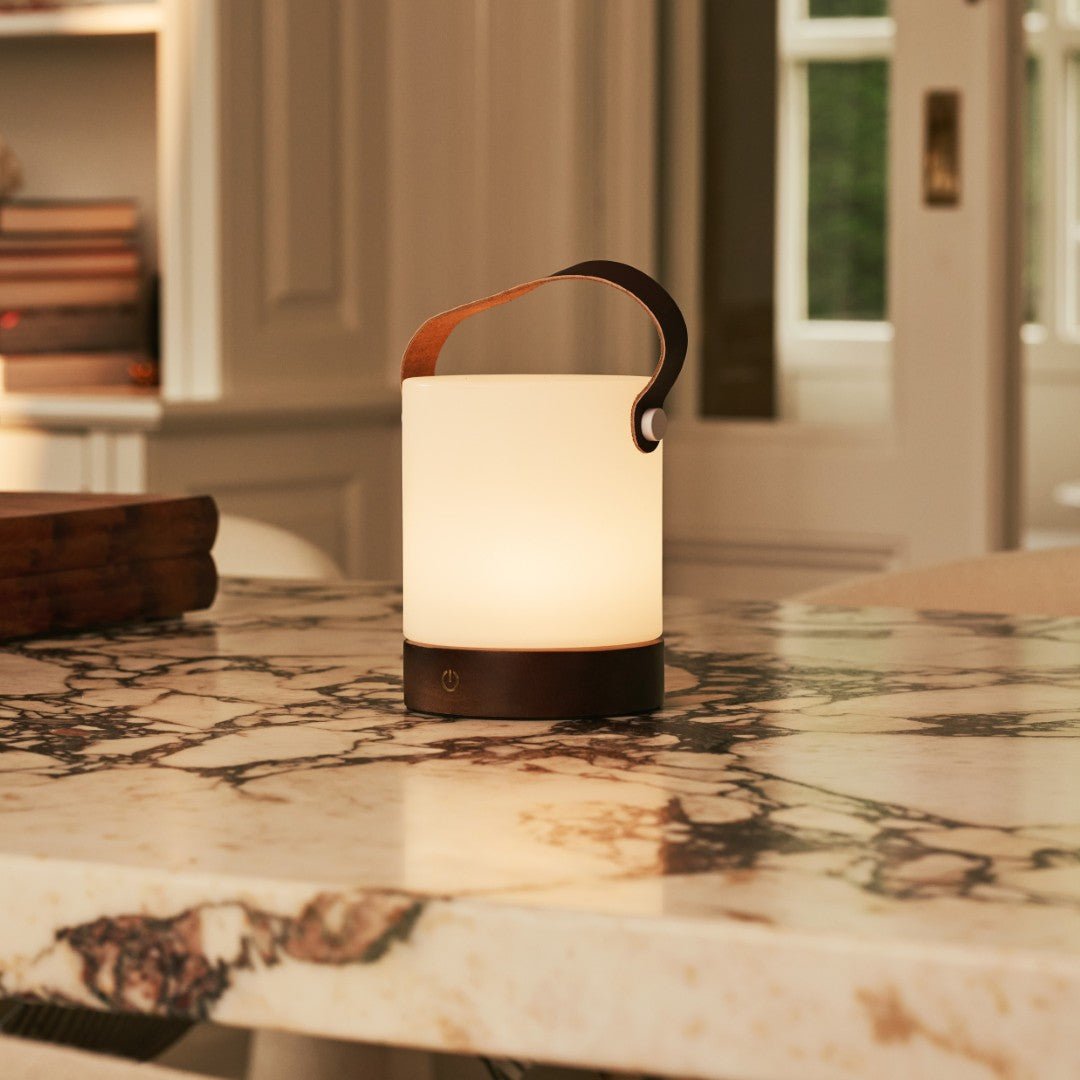 Avery Dark Brown Rechargeable Wooden Table Lamp – Cordless & Dimmable with Leather Strap