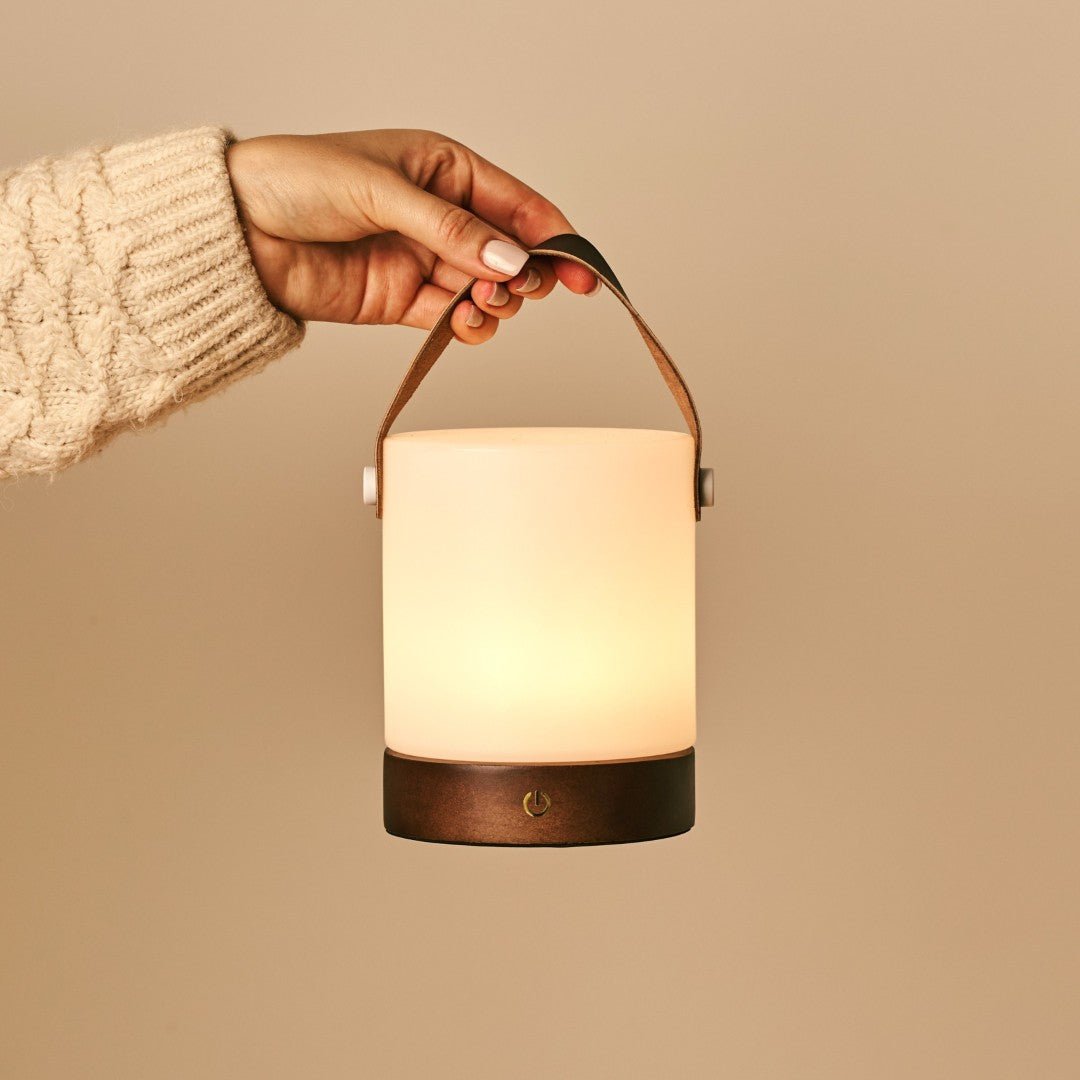 Avery Dark Brown Rechargeable Wooden Table Lamp – Cordless & Dimmable with Leather Strap