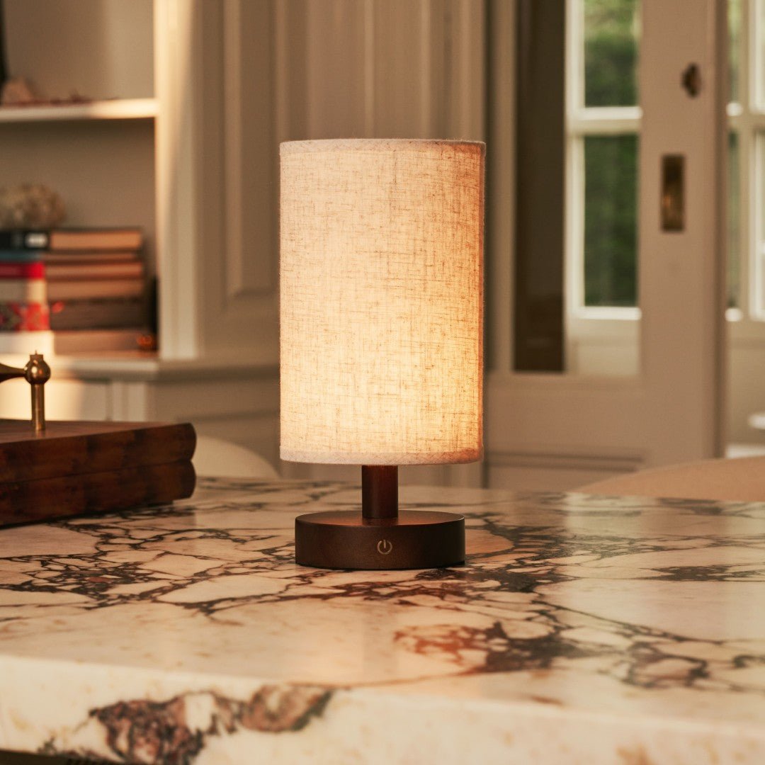 Ben Wooden Dark Brown Table Lamp – Rechargeable, Dimmable, USB-C Powered