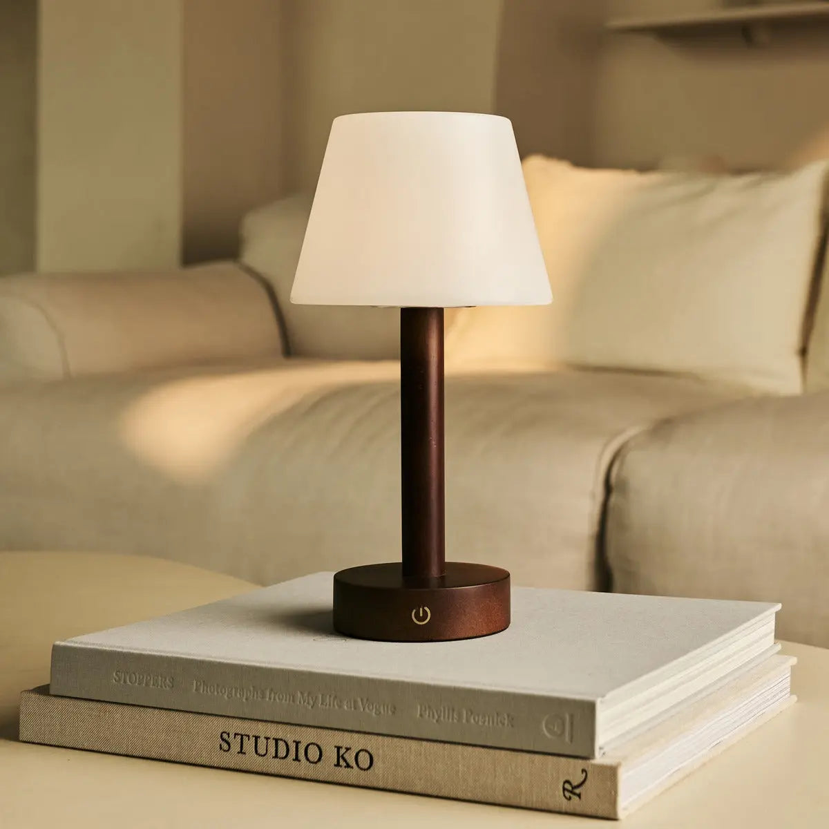 Zoë Dark Brown Wooden Rechargeable Table Lamp | Dimmable, USB-C, 80-Hour Battery