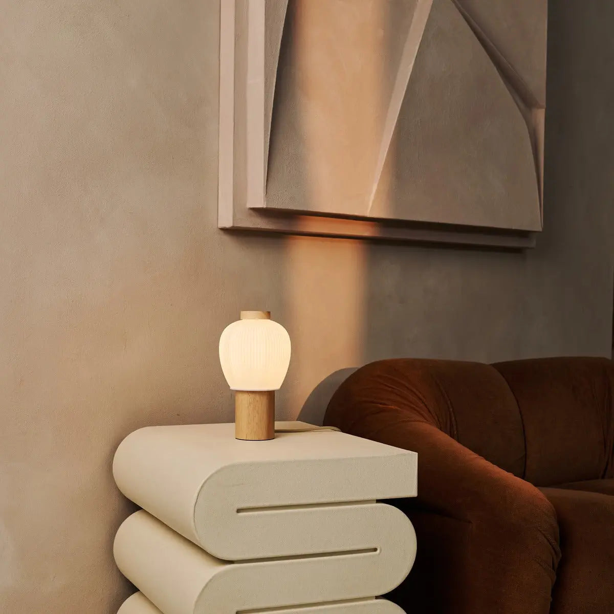 Lot Light Brown Wooden Lamp with Beautiful Glass Shade, Warm Light Lamp & Unique Design Tavellio