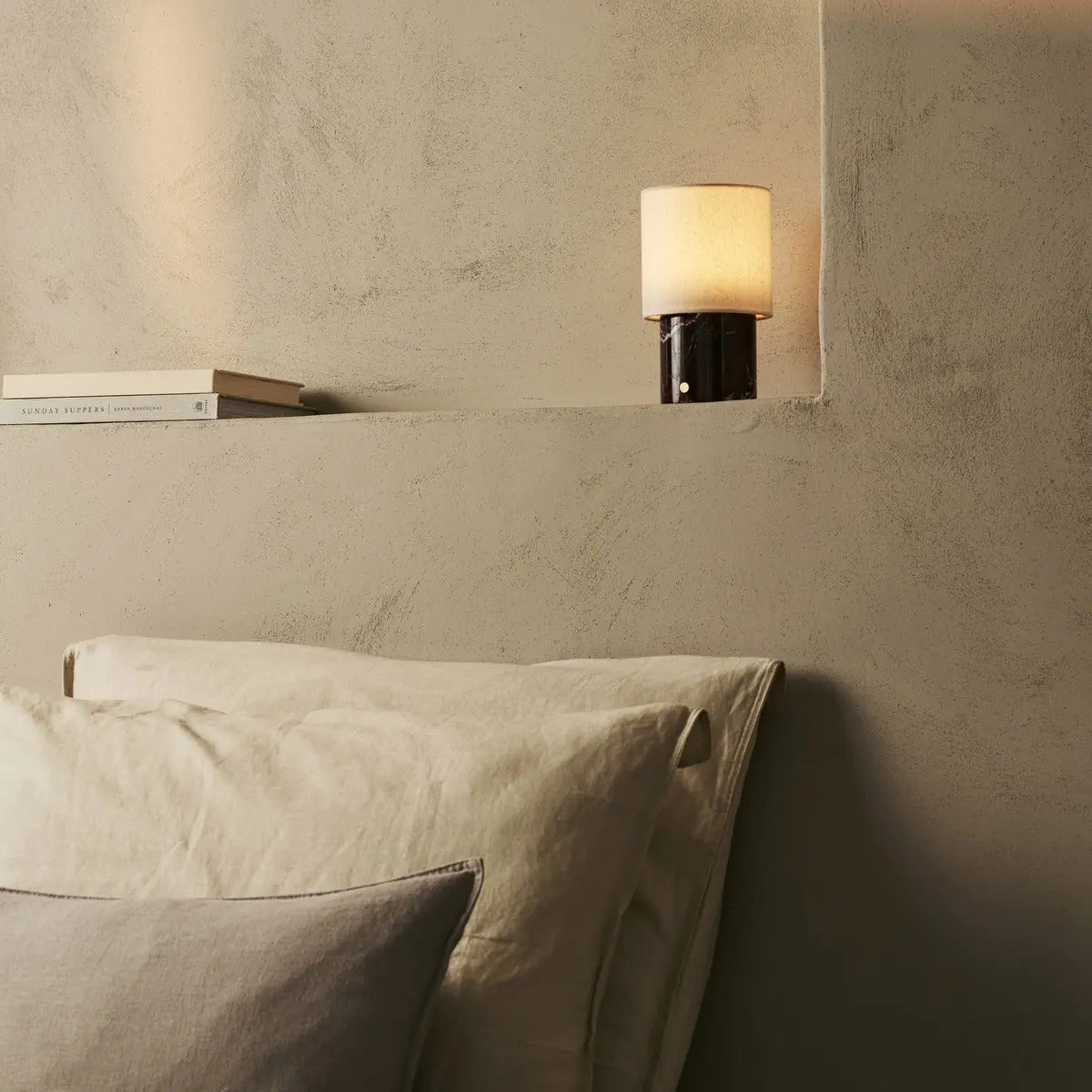 Dou Brown / Emeperador Dark – Marble Rechargeable Table Lamp – Cordless, 3 Light Modes & With Linen Interchangeable Lampshade