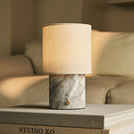 Dou White / Bianco Statuarietto – Marble Rechargeable Table Lamp – Cordless, 3 Light Modes & With Linen Interchangeable Lampshade