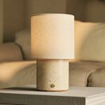 Dou Beige / Travertino Classico – Travertine Rechargeable Table Lamp – Cordless, 3 Light Modes & With Linen Interchangeable Lampshade