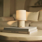 Dou Beige / Travertino Classico – Travertine Rechargeable Table Lamp – Cordless, 3 Light Modes & With Linen Interchangeable Lampshade