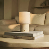 Dou Beige / Travertino Classico – Travertine Rechargeable Table Lamp – Cordless, 3 Light Modes & With Linen Interchangeable Lampshade