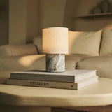 Dou White / Bianco Statuarietto – Marble Rechargeable Table Lamp – Cordless, 3 Light Modes & With Linen Interchangeable Lampshade