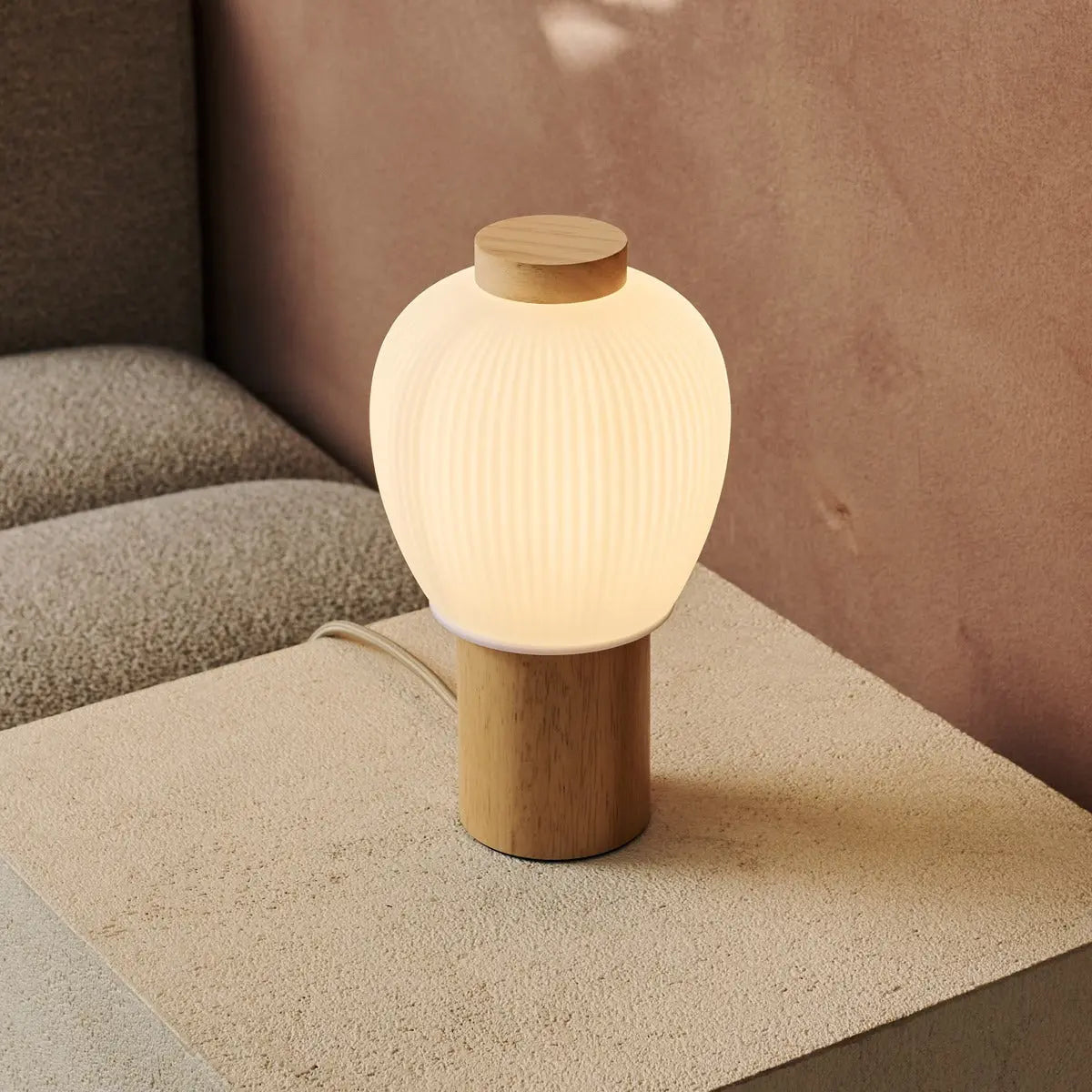 Lot Light Brown Wooden Lamp with Beautiful Glass Shade, Warm Light Lamp & Unique Design Tavellio