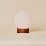 Flore Small Kastanienholz kabellose Tischlampe Tavellio – Studioaufnahme – Opalglaskugel auf Holzsockel