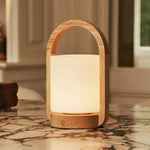 George Light Brown Wooden Rechargeable Lamp Combined With Frosted Glass And A Handle