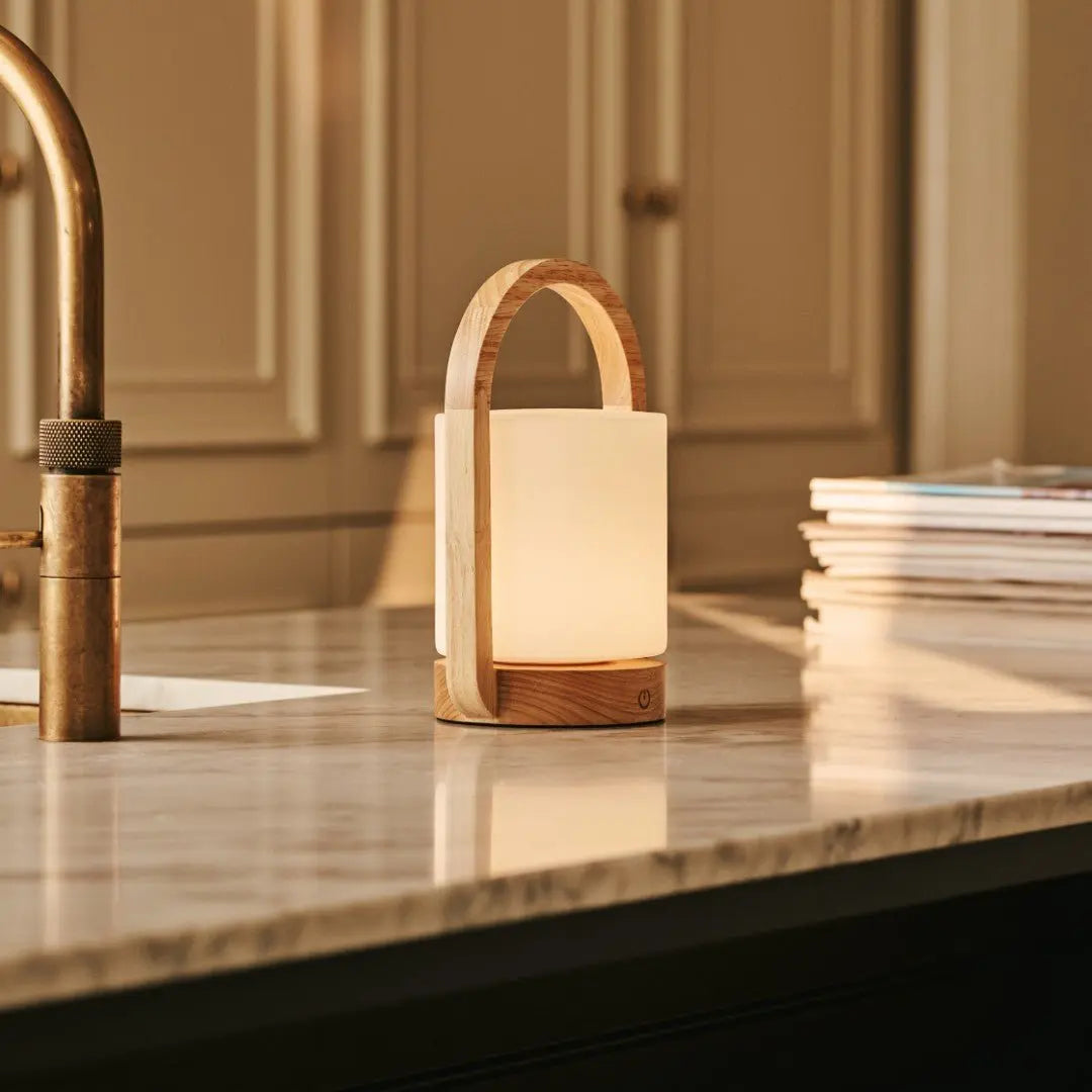 George Light Brown Wooden Rechargeable Lamp Combined With Frosted Glass And A Handle