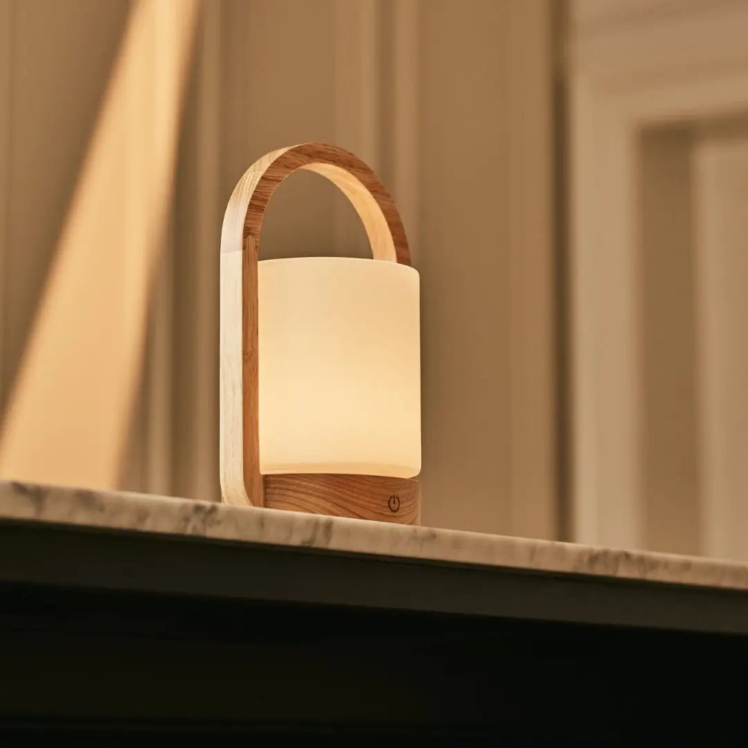 George Light Brown Wooden Rechargeable Lamp Combined With Frosted Glass And A Handle