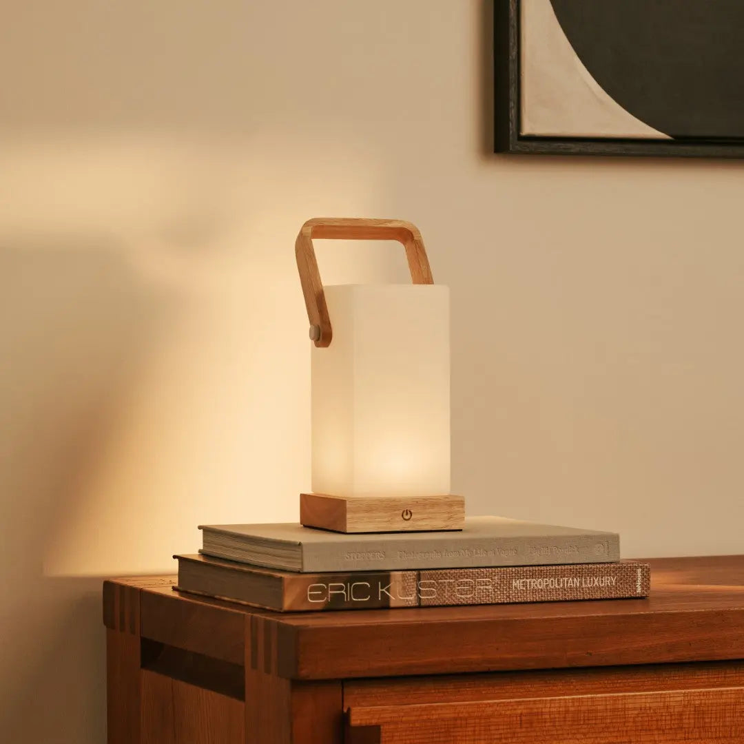 Harper Light Brown Wooden Lamp – Cordless Rechargeable Table Lamp with Handle Tavellio