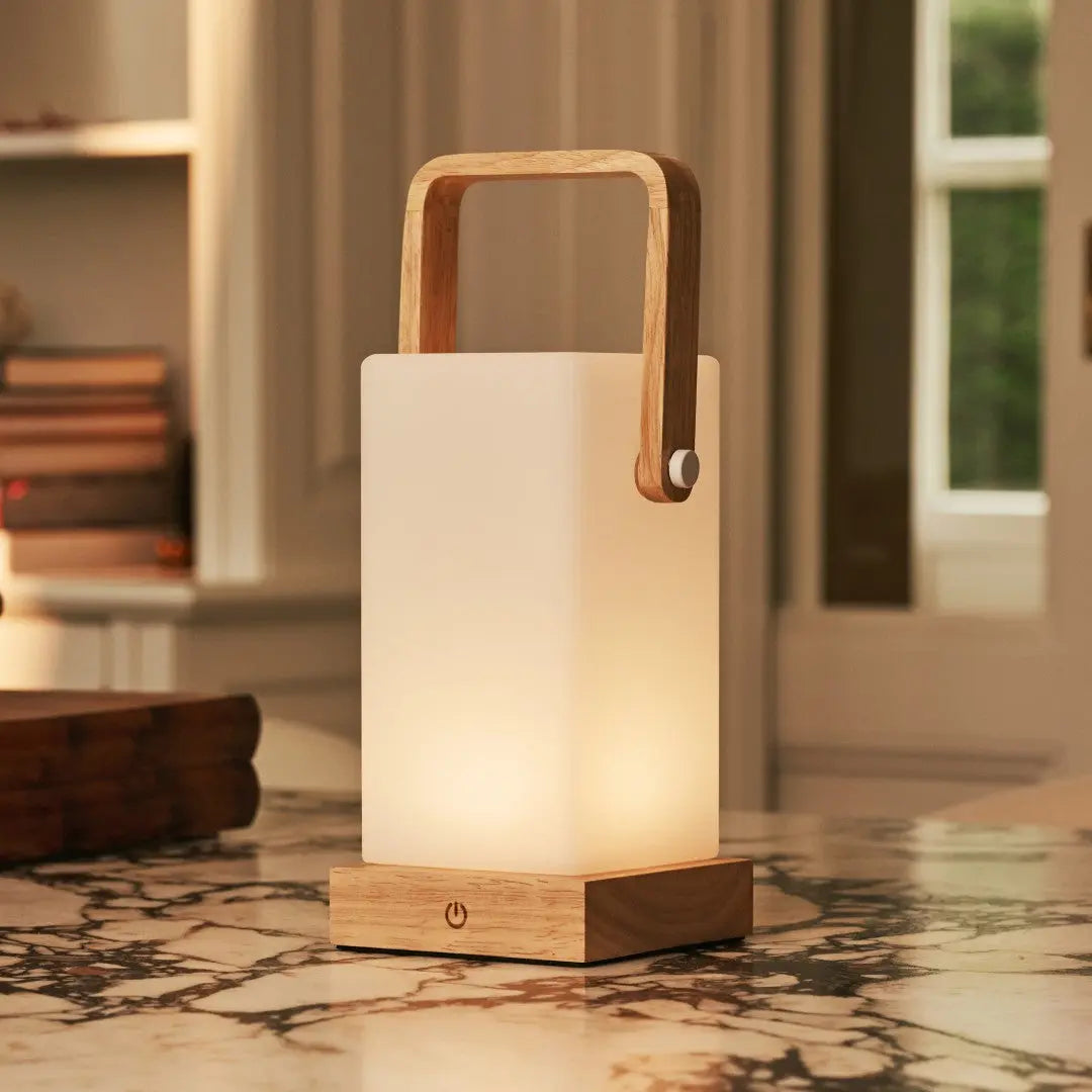 Harper Light Brown Wooden Lamp – Cordless Rechargeable Table Lamp with Handle Tavellio