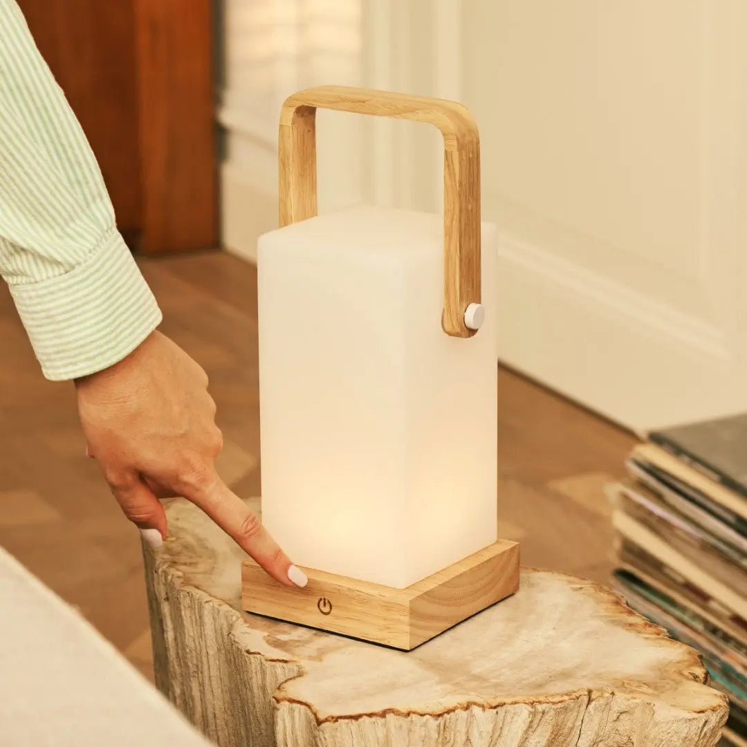 Harper Light Brown Wooden Lamp – Cordless Rechargeable Table Lamp with Handle Tavellio