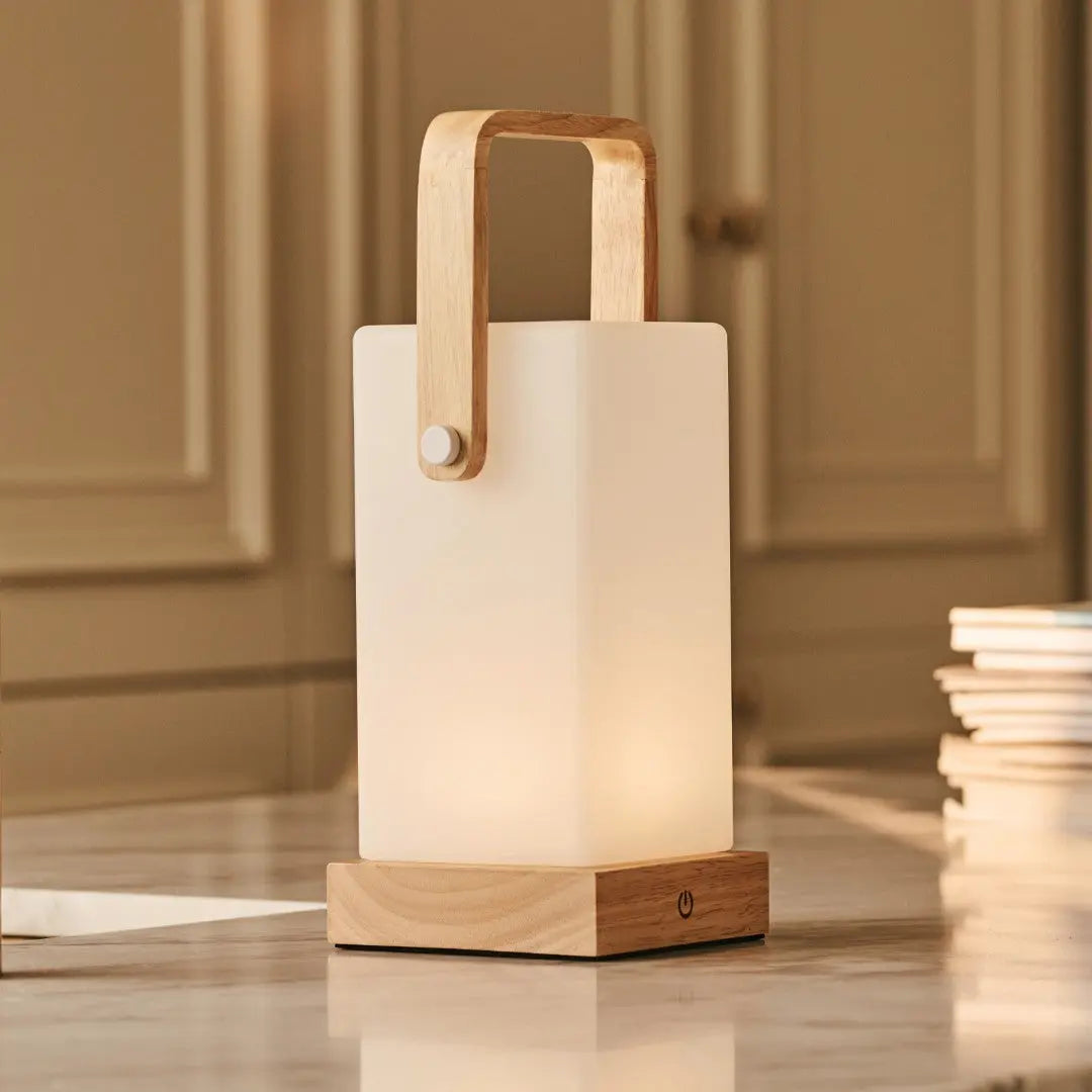 Harper Light Brown Wooden Lamp – Cordless Rechargeable Table Lamp with Handle Tavellio