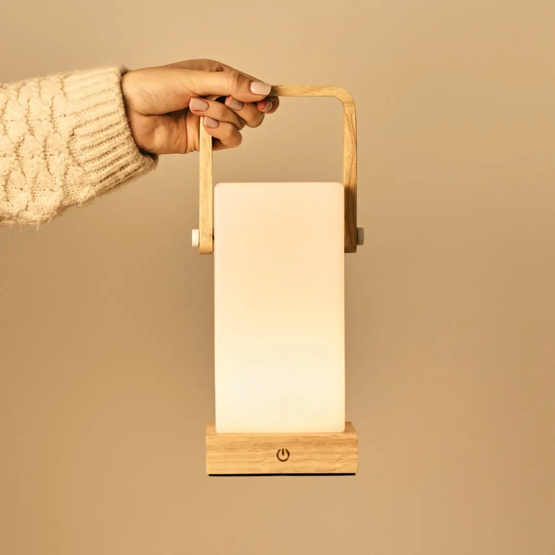 Harper Light Brown Wooden Lamp – Cordless Rechargeable Table Lamp with Handle Tavellio