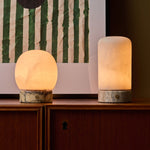 Rechargeable table lamp duo, Sol and Noé Levora collection, alabaster shades on marble bases