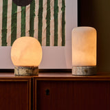 Rechargeable table lamp duo, Sol and Noé Levora collection, alabaster shades on marble bases