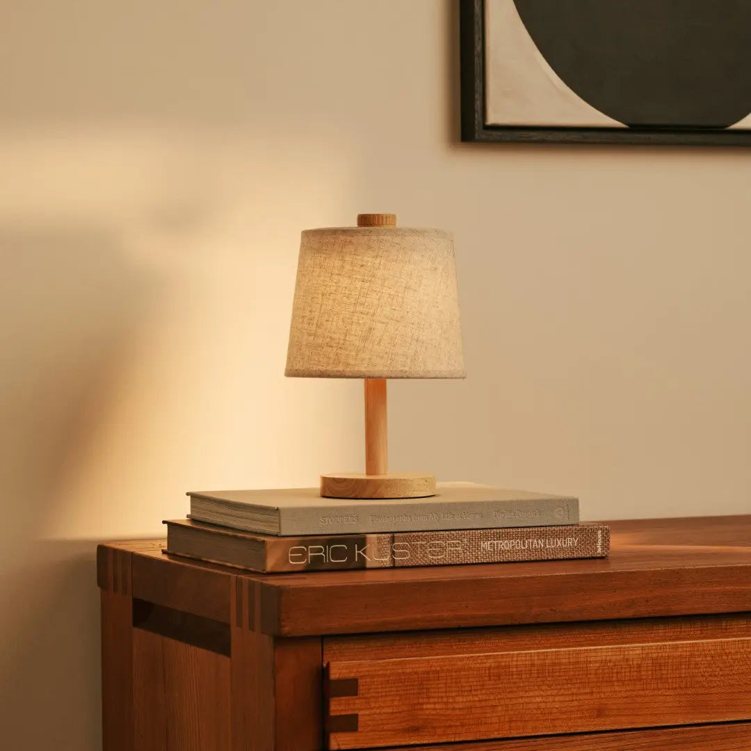 Rover Light Brown  Wooden Rechargeable Lamp | Cordless, Dimmable with Fabric Shade Tavellio